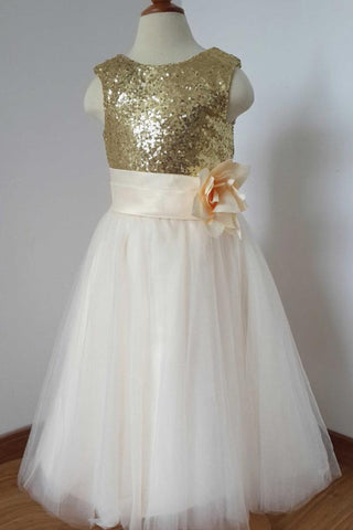 Gold Sequin Cream Tulle Ivory Scoop Flower Girl Dress with Flower Dress for Wedding Party JS775