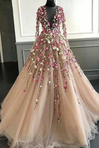 Elegant Floral Scoop Lace Long Sleeve Pink Prom Dresses with Tulle Long Evening Dresses JS990