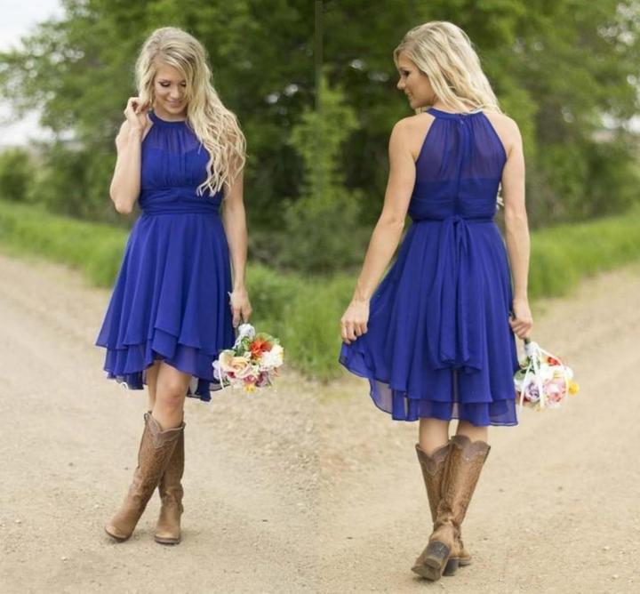 Short A Line Halter Chiffon Blue Bridesmaid Dresses Cheap Prom Dresses JS805