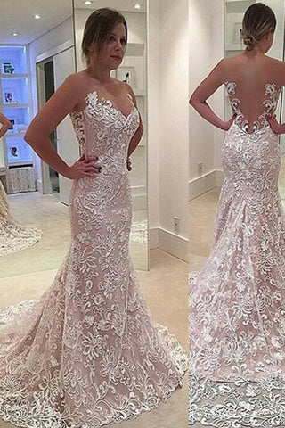 Elegant Mermaid Sleeveless Lace Sweetheart Strapless Appliques Wedding Dress With Court Train JS380