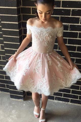 Cute A-line Off-the-shoulder Pink Short Prom Dress with Lace Appliques JS318