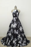 Cute Black and White Floral Satin Halter Vintage Print A-Line High Waisted Prom Dresses JS842