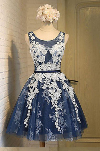 A-line Scoop Knee-length Open Back Navy Blue Organza Homecoming Dress with Appliques JS171