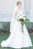A-Line Sweetheart Court Train Sleeveless White Wedding Dress with Lace Beading JS94