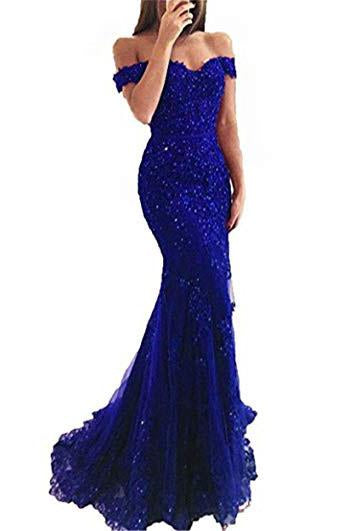 Blue Off the Shoulder Long Lace Appliques Mermaid Beads Prom Dresses Evening Dresses JS335