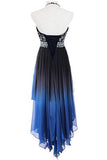 A Line Halter Beaded Blue High Low Chiffon Ombre Lace up Long Prom Dresses JS303