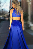 Elegant A-Line Round Neck Royal Blue Satin Open Back Prom Dresses with Split Pockets JS11
