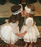 A line Long Sleeve Lace Flower Girl Dresses Above Knee Scoop Bowknot Baby Dress
