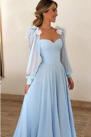 Blue Long Sleeves Sweetheart Prom Dresses A Line Long Evening Dresses JS307
