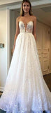 A Line Scoop Sleeve Ivory Sequins Sweep Train Wedding Dresses Wedding Gowns JS984
