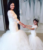 Long Short Sleeves Mermaid Lace Appliques Tulle Flower Girl Dress Wedding Party