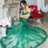 Gorgeous Green Mermaid V-Neck Lace Applique Sequins Beaded Tulle Prom Dresses JS131