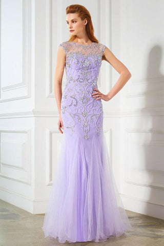 Elegant Mermaid Lavender Scoop Cap Sleeve Beads Tulle Yarn Floor-Length Prom Dresses JS220
