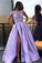 Chic Satin Short Sleeve Scoop Split Beads Purple Slit Open Back Long Prom Dresses JS61