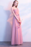 Elegant A-Line Pink Tulle Off the Shoulder Sweetheart Lace up Prom Bridesmaid Dresses JS572