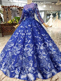 Ball Gown Blue Round Neck Prom Dresses with Beads Lace up Quinceanera Dresses JS784
