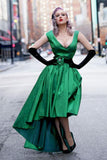 Elegant Sexy A-Line Deep V-neck Cap Sleeve High Low Green Taffeta Prom Dresses JS263