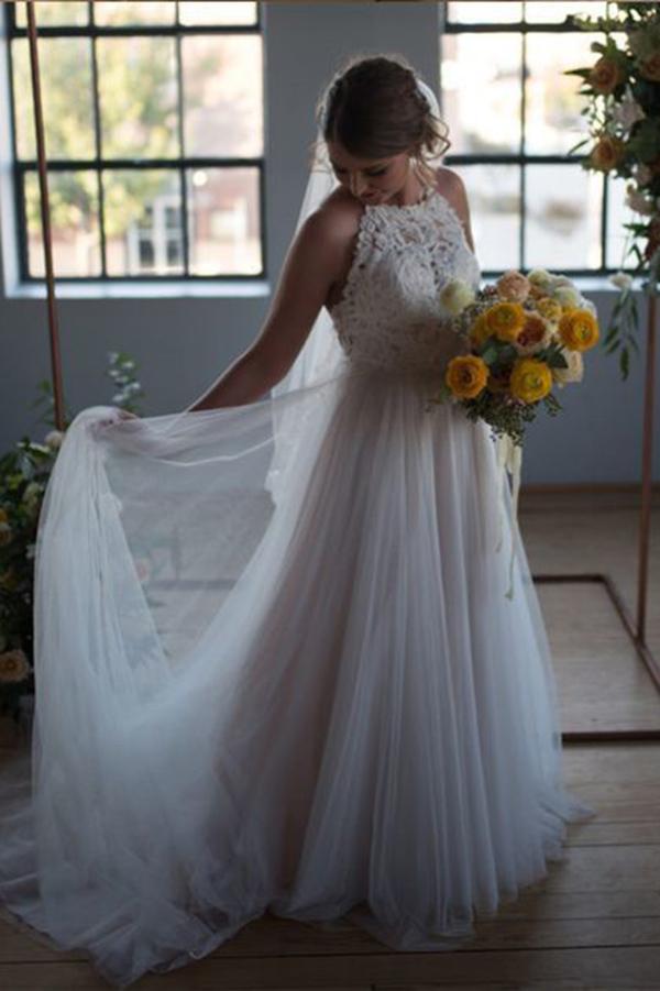 A-Line Round Neck Ivory Sweep Train Tulle Halter Wedding Dress with Lace UK JS786