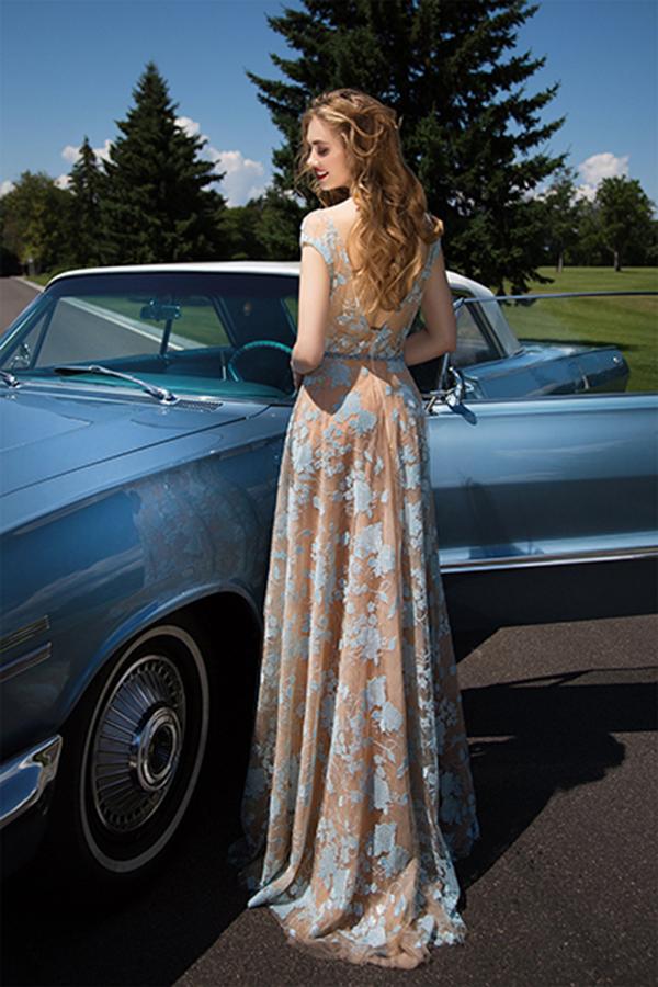 Charming Cap Sleeve Blue Lace Open Back A-Line Tulle Scoop Floor-Length Prom Dresses UK JS521