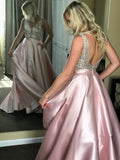 Beaded Satin Ball Gown Backless V Neck Sparkly Long Prom Dresses with Pockets JS94