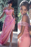 Pink Sheath Off-the-Shoulder Sweep Train Prom Dress with Lace Sash Ruffles JS779
