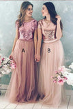 A Line Top Blush Sequin Lovely Two Piece Tulle Round Neck Cheap Bridesmaid Dresses JS832