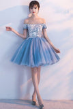 Cute A Line Off the Shoulder Above Knee Blue Short Prom Dresses Homecoming Dresses JS946