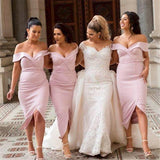 Mermaid Pink Off the Shoulder Sweetheart Prom Dresses Long Bridesmaid Dresses JS915