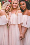 Elegant Off-the-shoulder Pastel Pink Ruffles Long Chiffon A-Line Bridesmaid Dresses UK JS322