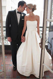 A-Line Sweetheart Strapless Backless Floor-Length Ivory Satin Wedding Dresses with Ruched JS276