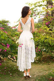 A-Line Princess V-Neck Lace Sleeveless Asymmetrical Lace High Low Bridesmaid Dresses JS286