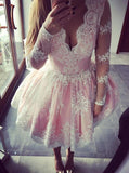 Cute A-line Long Sleeves Pink Short Lace Appliques V-Neck Homecoming Dress JS45
