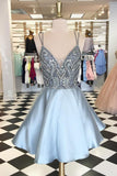 Straps Short Silver Beads Backless V-Neck A-Line Tulle Homecoming Dresses JS167