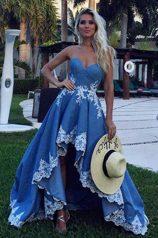 Blue Lace High Low Sweetheart A Line Appliques Long Strapless Cheap Prom Dresses JS34