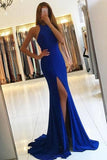 Royal Blue Long Mermaid Open Back Halter Slit Simple Cheap Prom Dresses JS194