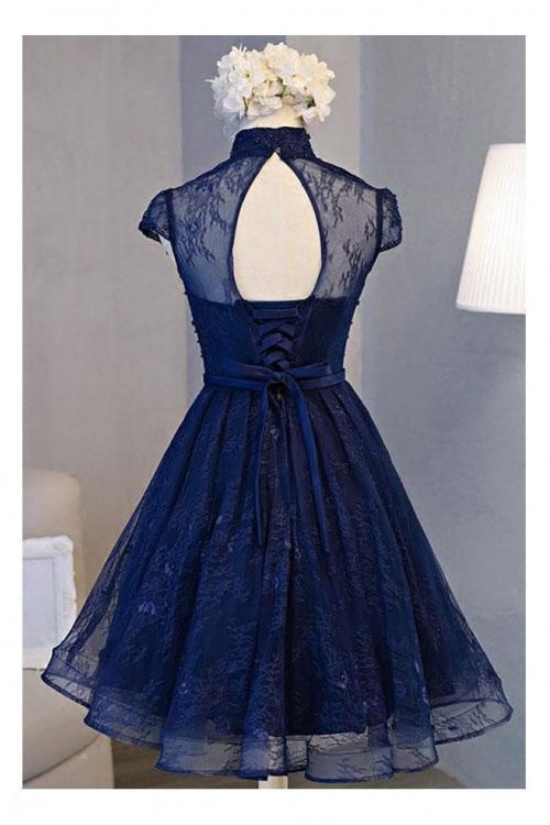 A Line Navy Blue Short High Neck Lace Open Back Cap Sleeve Mini Lace-up Homecoming Dresses JS588