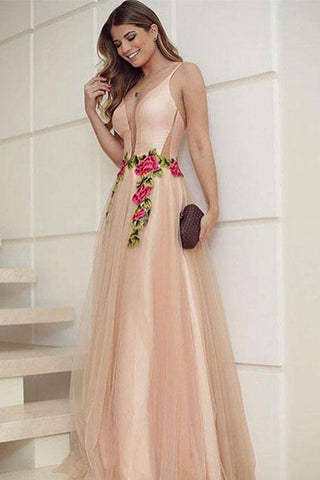 Elegant A Line V Neck Spaghetti Straps Tulle Sleeveless Appliques Long Prom Dresses JS693