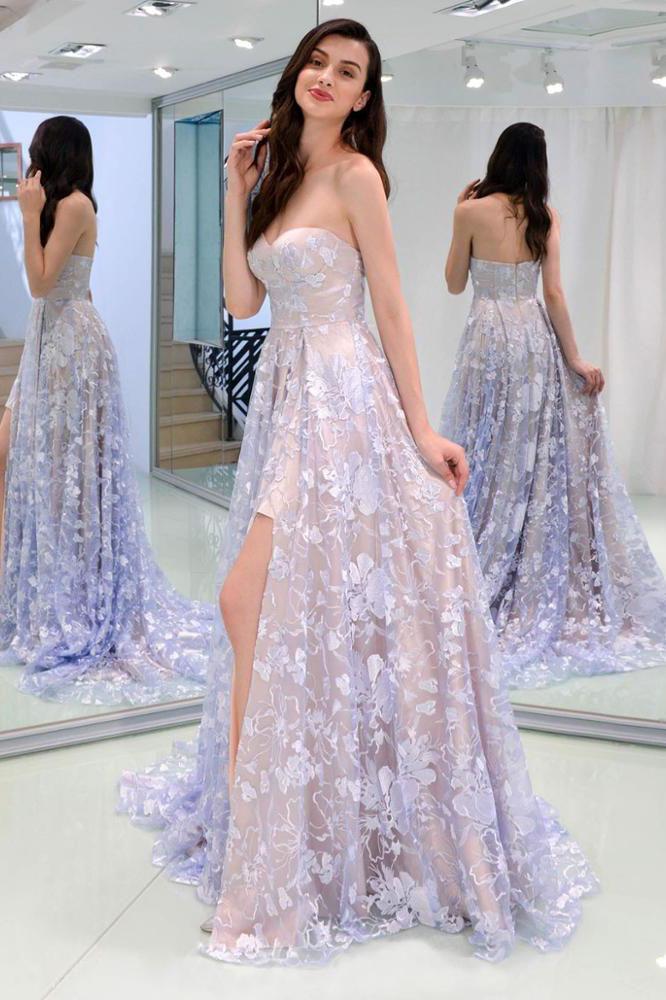 A line Lace Slit Sleeveless Floor Length Long Prom Dresses
