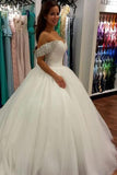 Wonderful Ball Gown Beaded Off the Shoulder Sweetheart Tulle White Wedding Dresses JS685