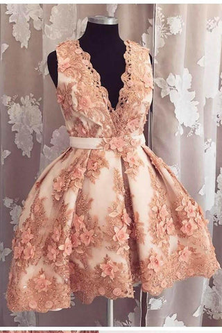 Cute A-line Deep-V Neck Lace Appliqued Short Prom Dress Beads Homecoming Dresses JS617