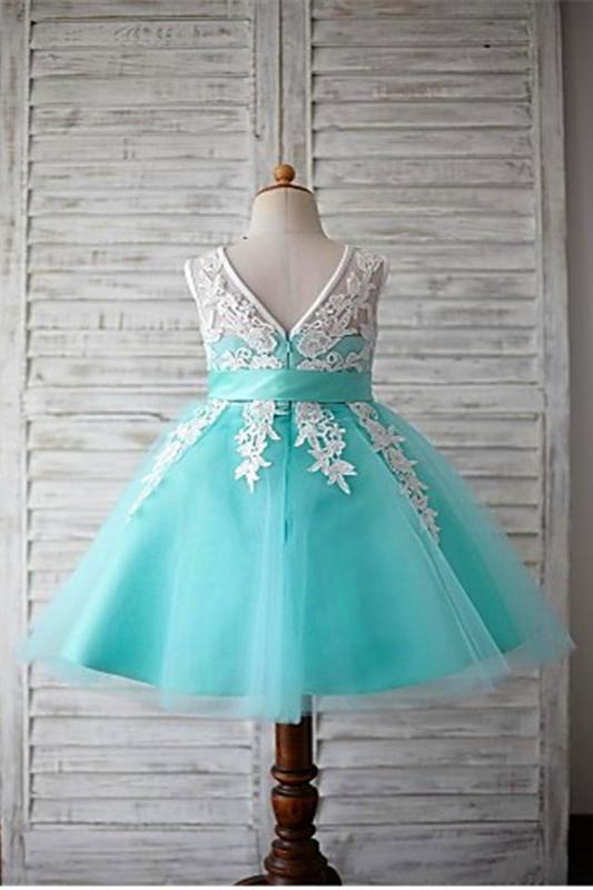 Blue Ball Gown Scoop Sleeveless Bowknot Floor-Length Tulle Appliques Flower Girl Dresses GD00008