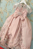 A Line Pink Princess Scoop Neck Short Sleeves Bowknot Lace Appliques Flower Girl Dresses JS860