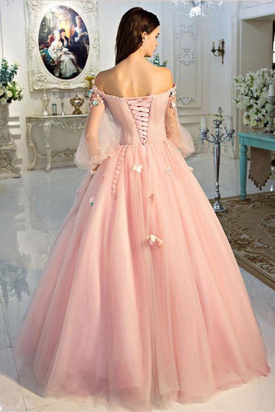 A Line Long Sleeve Pearl Pink Ball Gown Off the Shoulder Long Floral Fairy Prom Dresses JS261