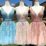 Cute Red Lace Appliques Homecoming Dresses V Neck Tulle Above Knee Short Prom Dress JS983