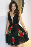 Flower Embroidered Junior V Neck Homecoming Dresses Short Black Lace Hoco Dresses JS956