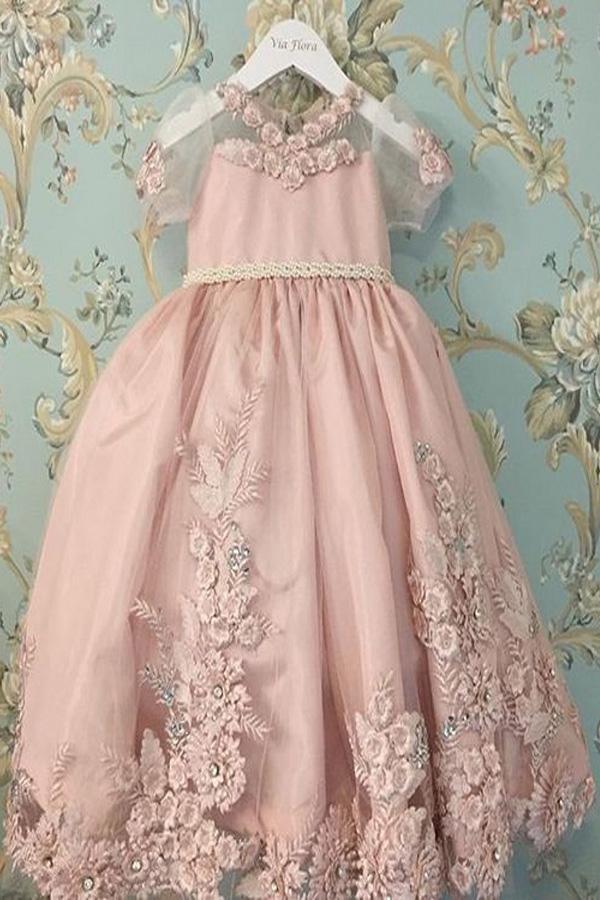 A Line Pink Princess Scoop Neck Short Sleeves Bowknot Lace Appliques Flower Girl Dresses JS860