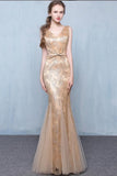 Golden Sequins V-Neck Mermaid Elegant Tulle Sleeveless Prom Dresses with Sash Bowknot JS248