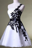A Line One Shoulder White Homecoming Dress with Black Lace Knee Length Party Dress JS44