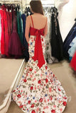 Elegant Two Pieces Mermaid Red Floral Bowknot Sweetheart Spaghetti Straps Prom Dresses JS267