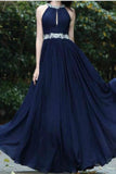 Sexy A-Line Beads Halter Cheap Royal Blue Simple Chiffon Backless Prom Dresses UK JS431